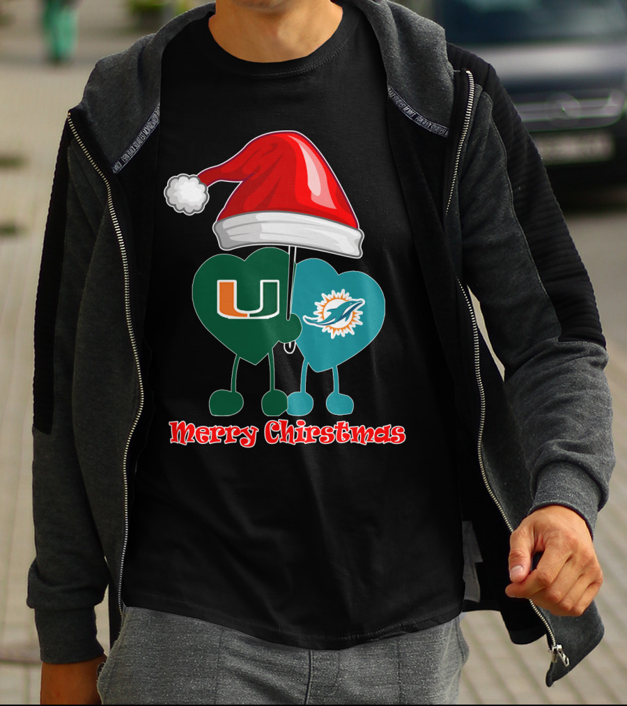 Merry Christmas Miami Dolphins Miami Hurricanes Santa Hat Hearts T-Shirt