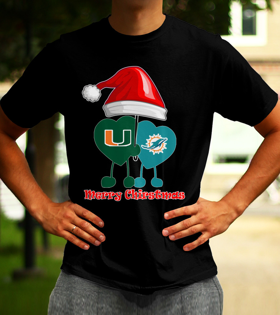 Merry Christmas Miami Dolphins Miami Hurricanes Santa Hat Hearts T-Shirt