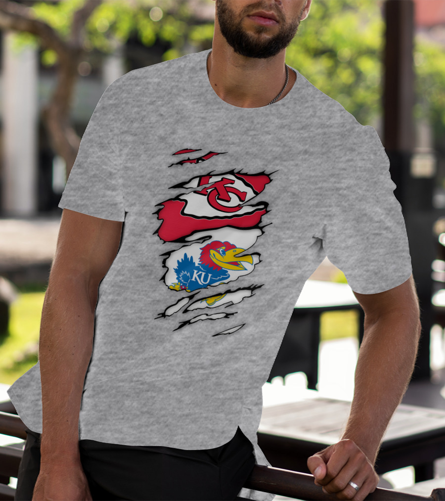 Kansas City Chiefs And Ku Jayhawks Logos Torn T-Shirt