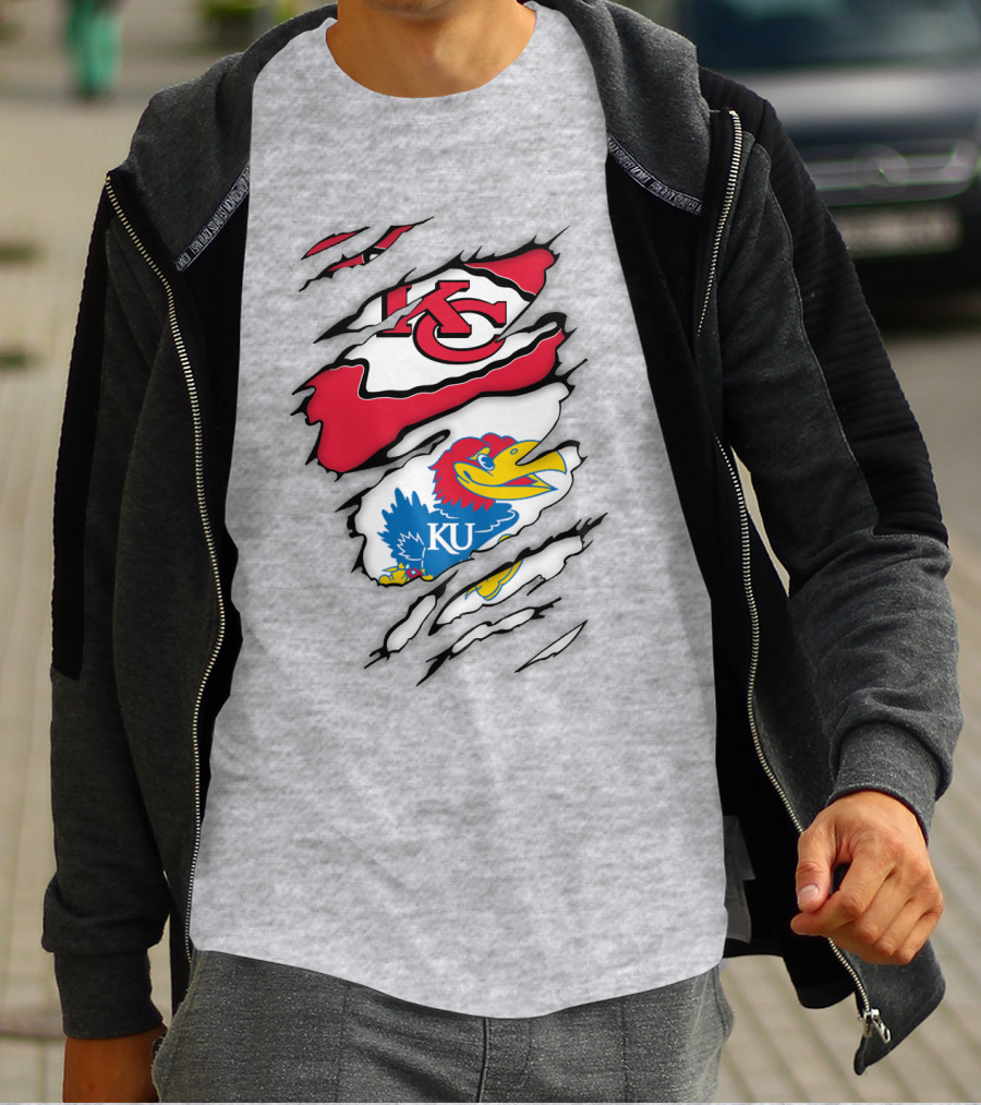 Kansas City Chiefs And Ku Jayhawks Logos Torn T-Shirt