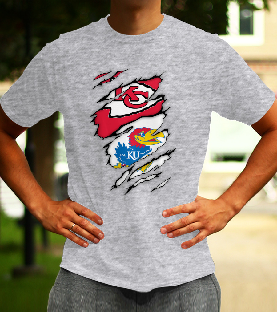 Kansas City Chiefs And Ku Jayhawks Logos Torn T-Shirt