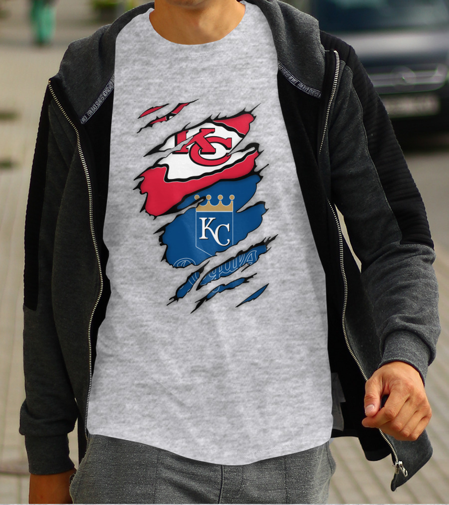 Kansas City Royals Kc And Kansas City Chiefs Arrowhead Red Blue Logo Fusion T-Shirt