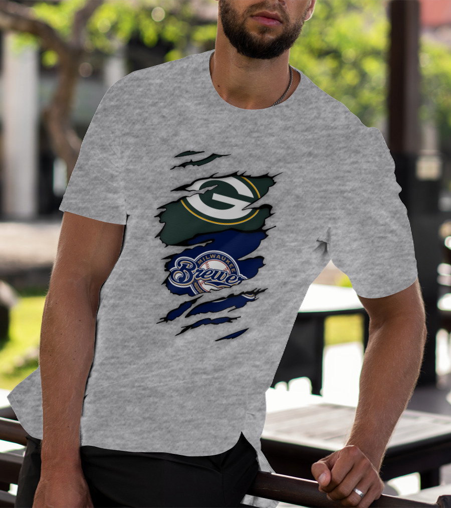 Milwaukee Brewers Green Bay Packers Logos Claw Marks T-Shirt