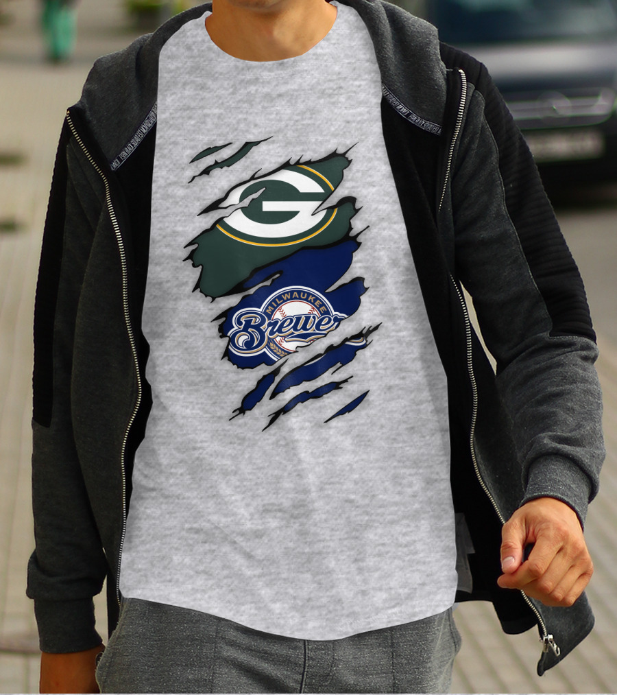 Milwaukee Brewers Green Bay Packers Logos Claw Marks T-Shirt