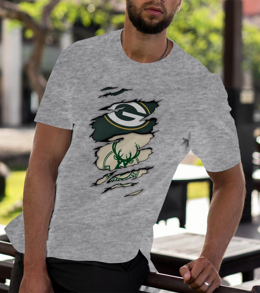 Green Bay Packers Milwaukee Bucks Ripped Reveal Logo Fusion T-Shirt