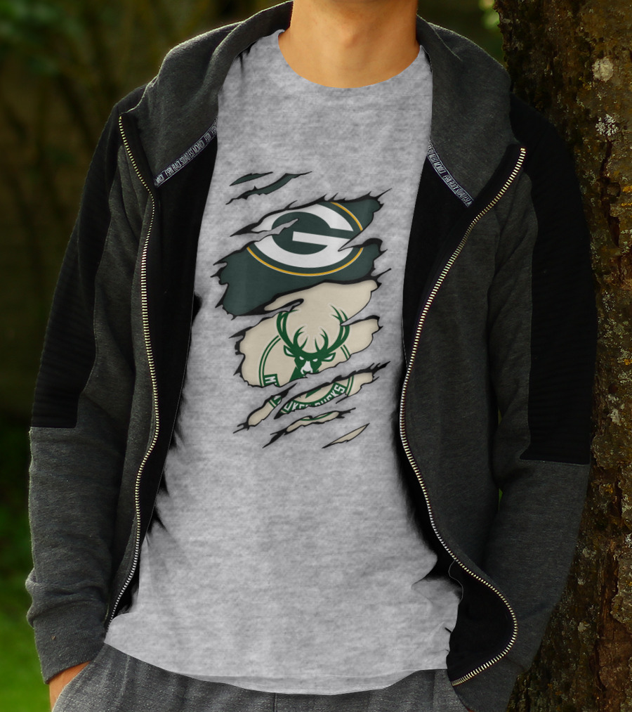 Green Bay Packers Milwaukee Bucks Ripped Reveal Logo Fusion T-Shirt