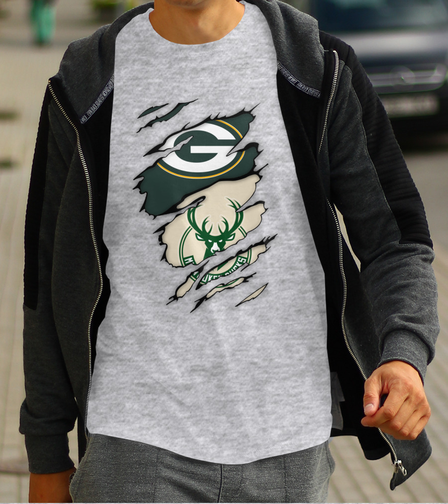 Green Bay Packers Milwaukee Bucks Ripped Reveal Logo Fusion T-Shirt