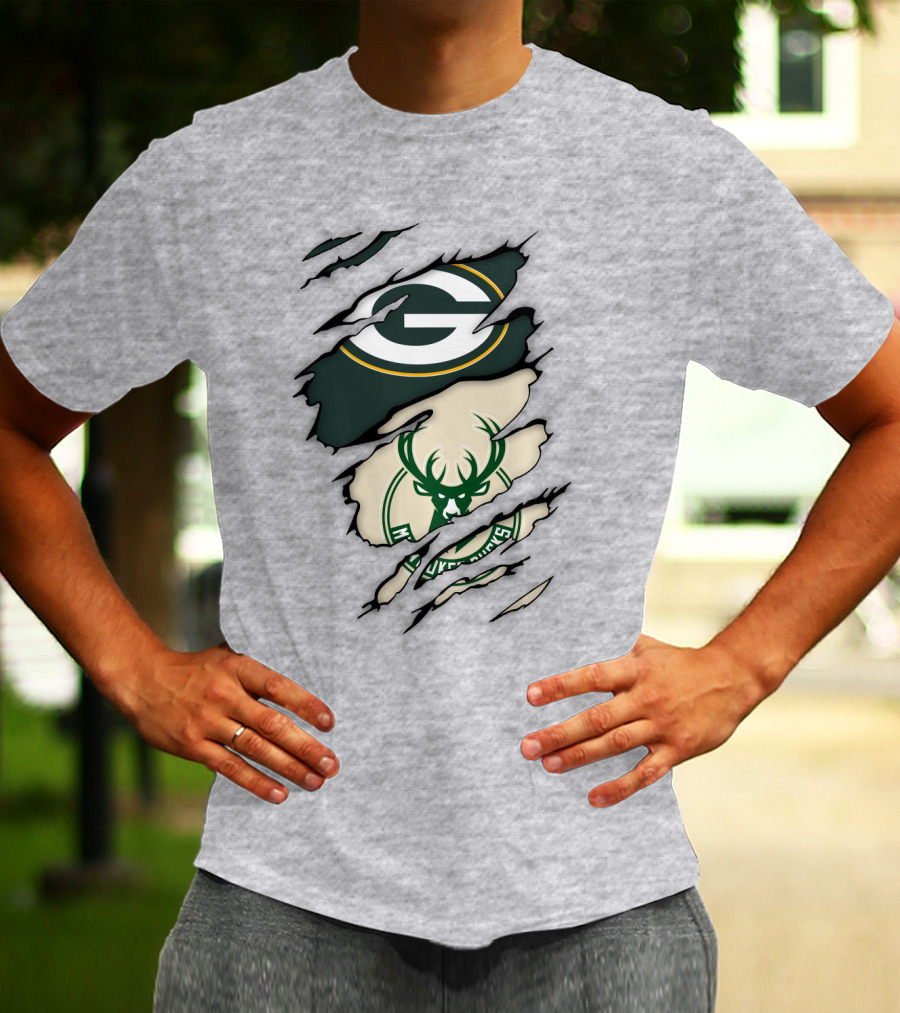 Green Bay Packers Milwaukee Bucks Ripped Reveal Logo Fusion T-Shirt