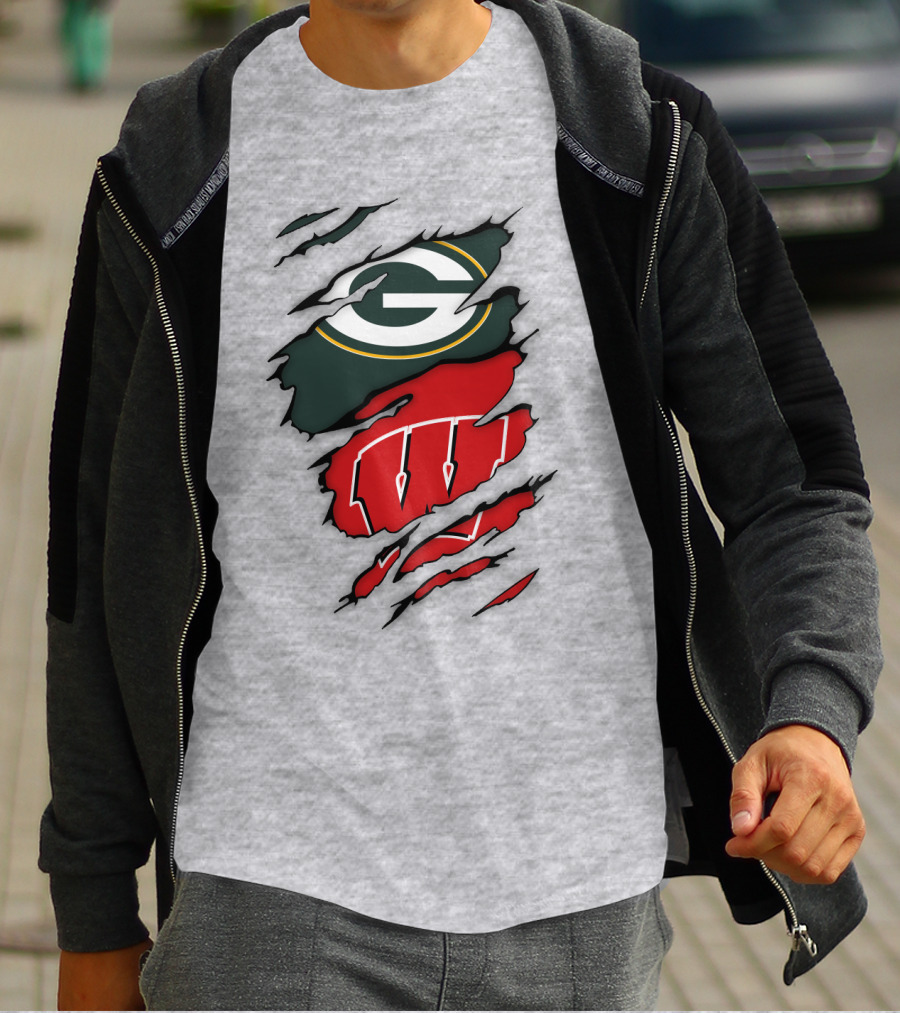 Wisconsin Badgers And Green Bay Packers Claw Marks Logo Mashup T-Shirt