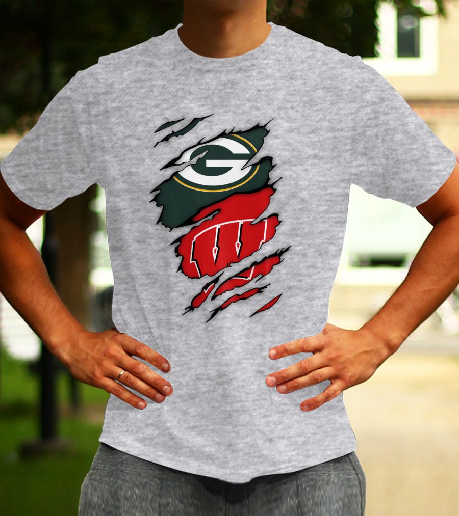 Wisconsin Badgers And Green Bay Packers Claw Marks Logo Mashup T-Shirt