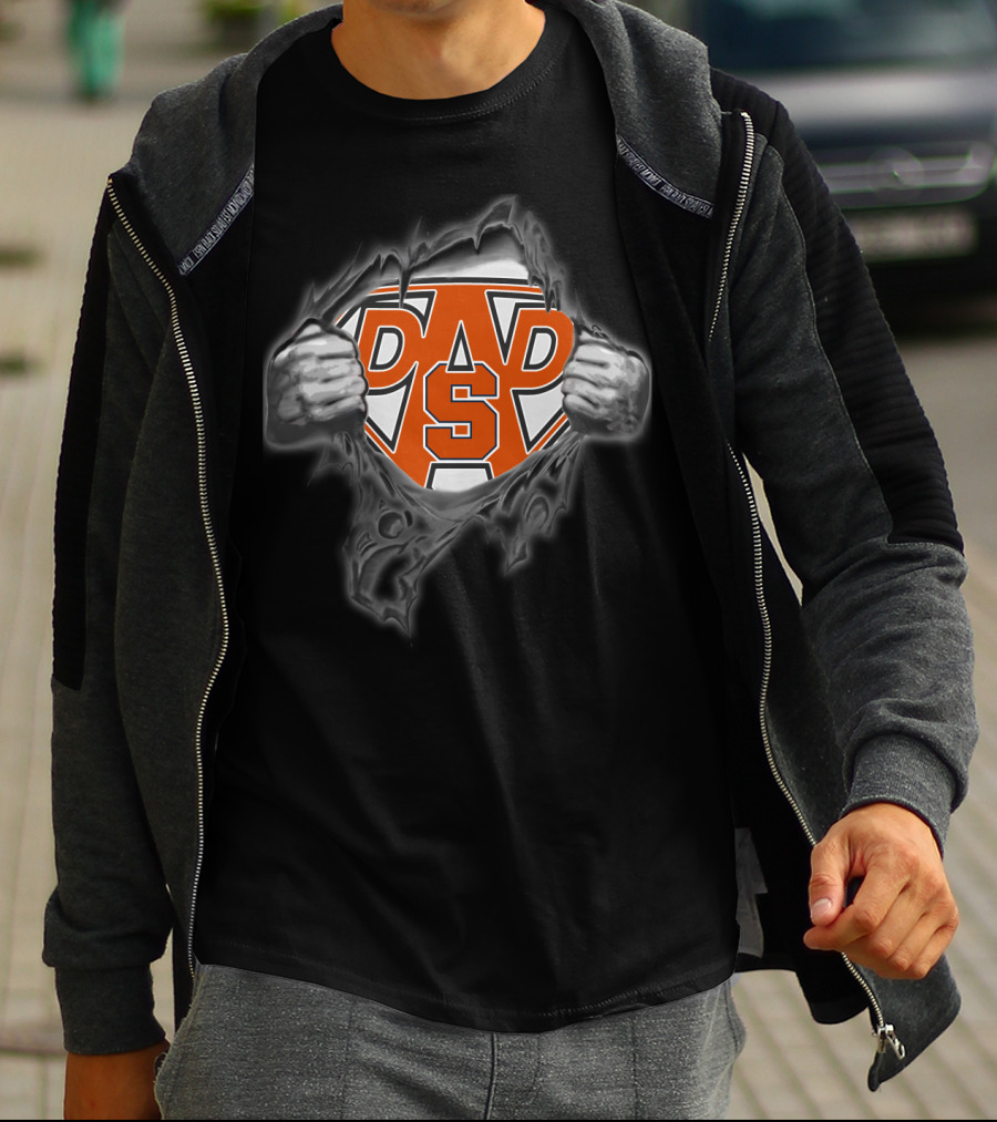 Orange S Dad Superhero Logo Hands Torn Background T-Shirt