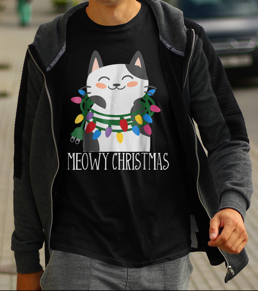 Meowy Christmas Holiday Funny Catma With Festive Lights And Happy Smiling Cat T-Shirt