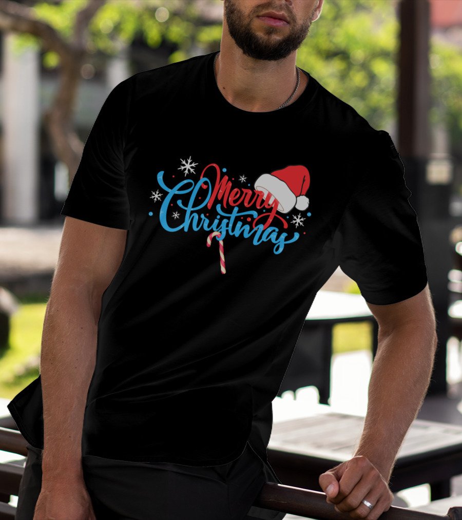 Merry Christmas Nice Santa's Hat Candy Cane Snowflakes T-Shirt