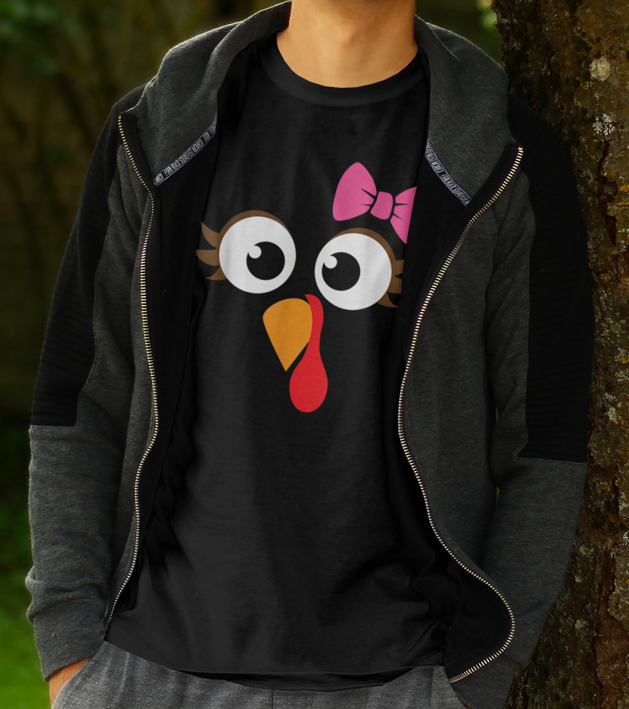 Turkey Face With Pink Bow Girl Cartoon Eyes T-Shirt