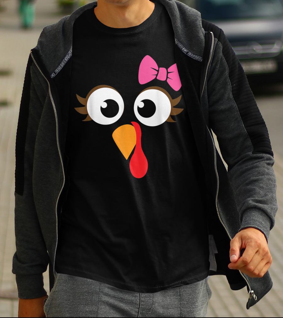 Turkey Face With Pink Bow Girl Cartoon Eyes T-Shirt