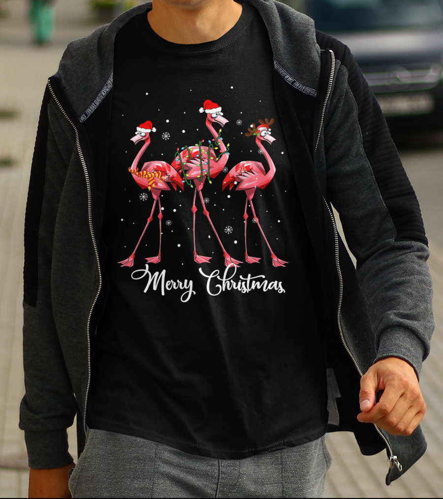 Merry Christmas Flamingo Christmas Lights Santa Hat Reindeer Antlers T-Shirt