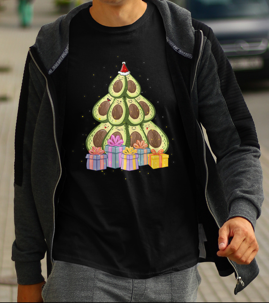 Avocado Christmas Tree With Santa Hat And Presents Avocado Lover T-Shirt