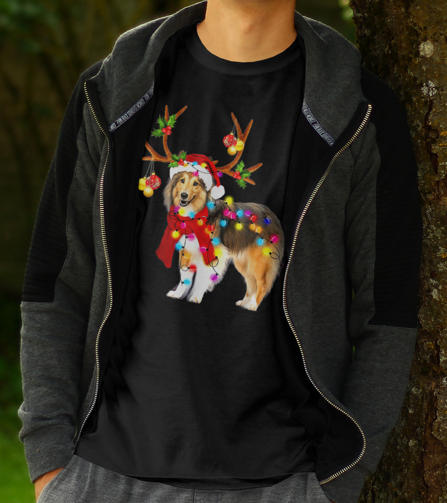 Christmas Sheltie Dog In Santa Hat With Reindeer Antlers And Colorful String Lights T-Shirt