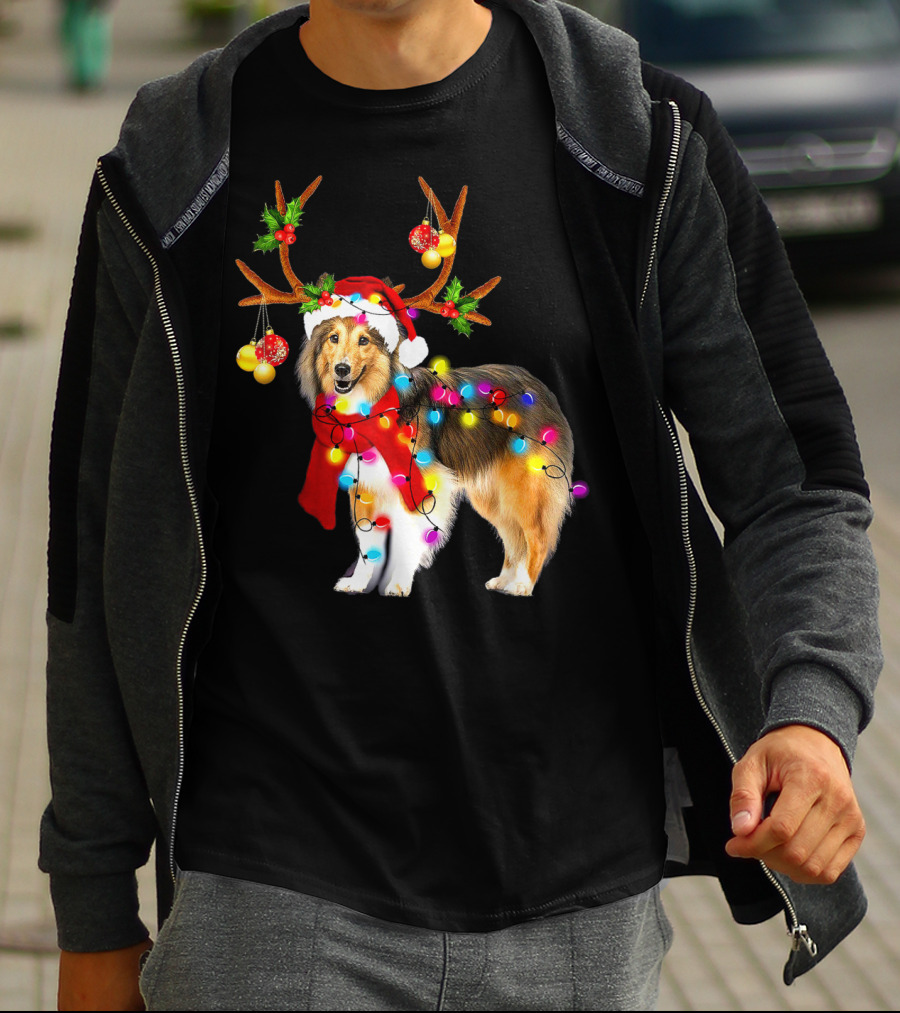 Christmas Sheltie Dog In Santa Hat With Reindeer Antlers And Colorful String Lights T-Shirt