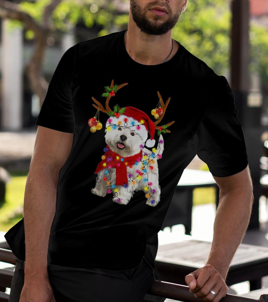 Santa Westie Dog Reindeer Lights Holiday T-Shirt