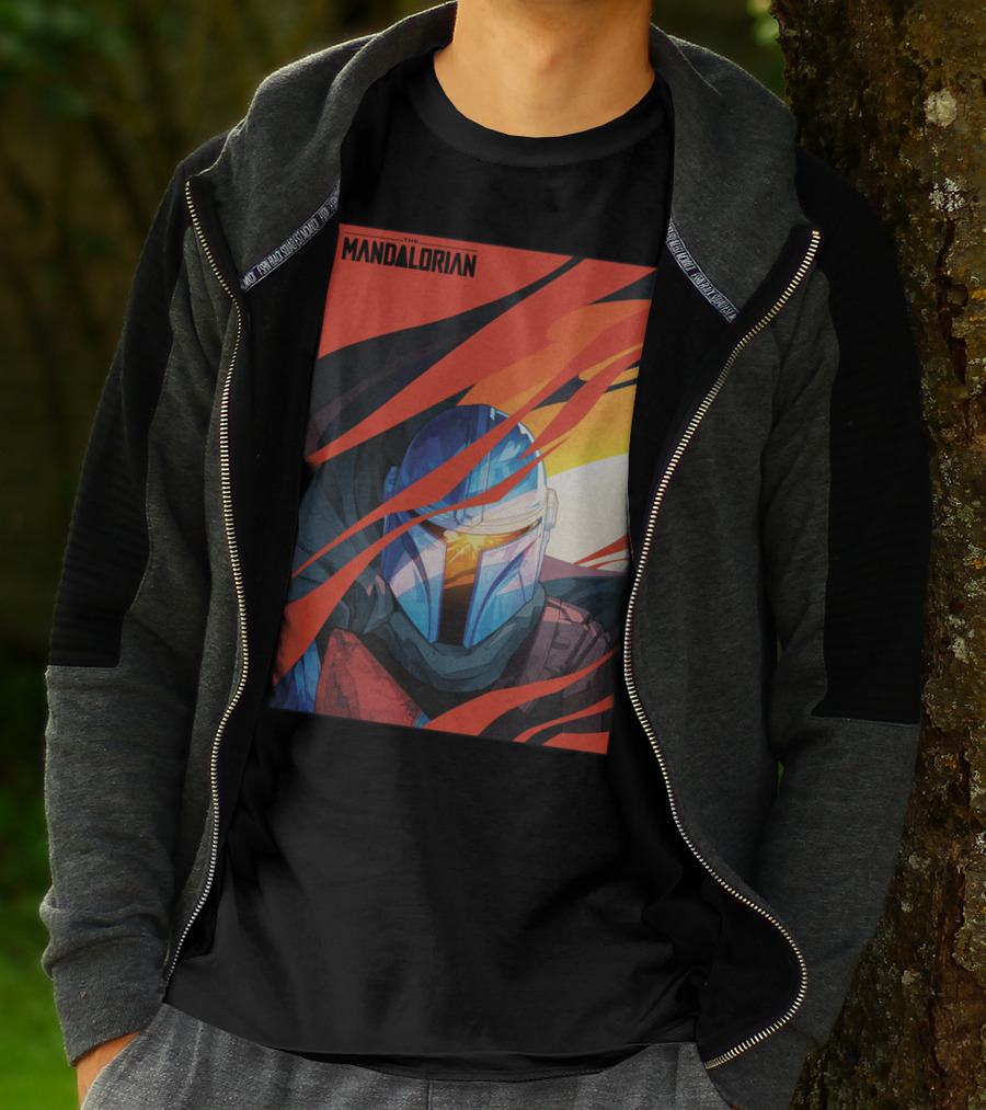 Star Wars The Mandalorian Helmet With Red And Orange Abstract Waves T-Shirt