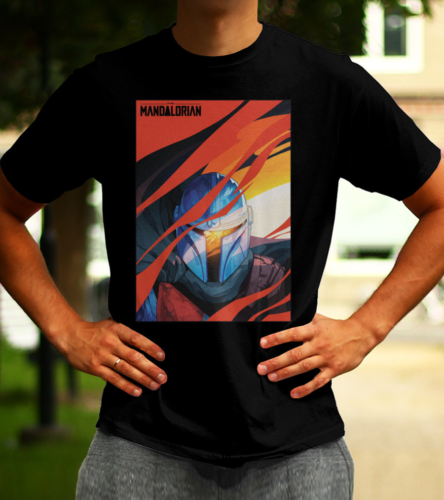Star Wars The Mandalorian Helmet With Red And Orange Abstract Waves T-Shirt
