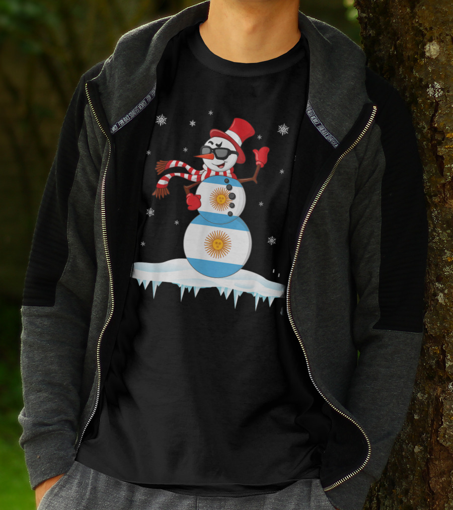 Argentinian Flag Snowman Dancing In Sunglasses Merry Winter T-Shirt