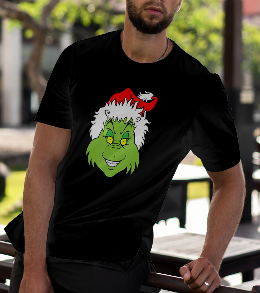 Christmas Grinch Face With Santa Hat T-Shirt
