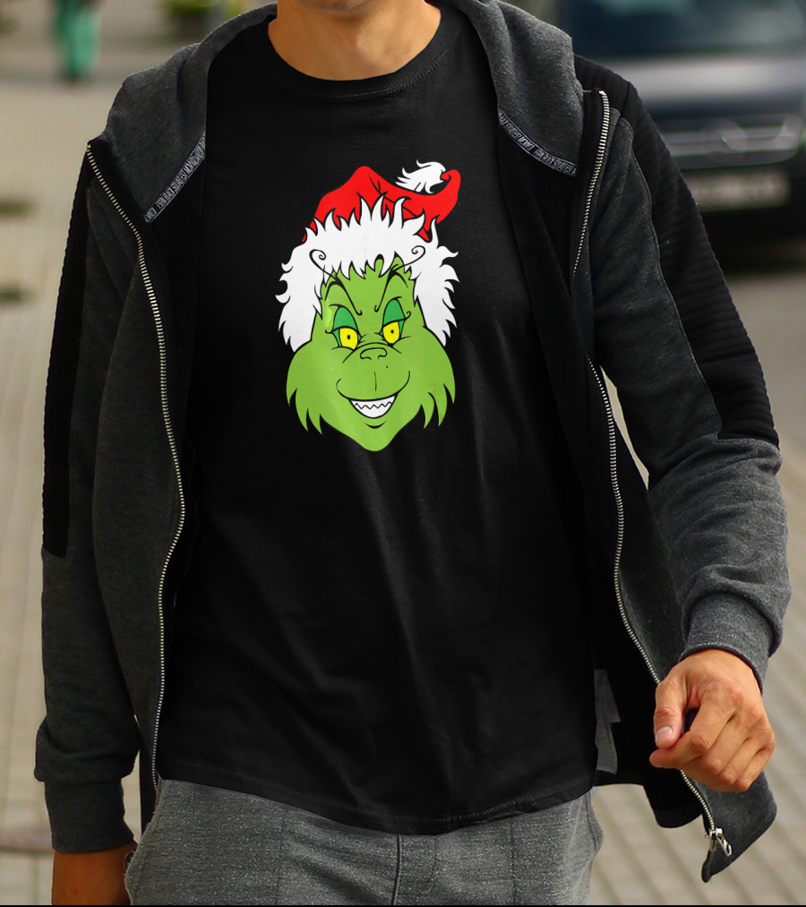 Christmas Grinch Face With Santa Hat T-Shirt