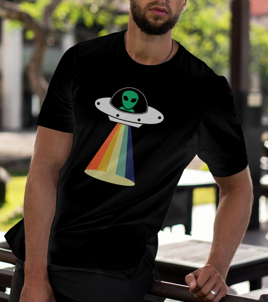 Rainbow Beam UFO Alien Christmas Outerspace Visitor T-Shirt