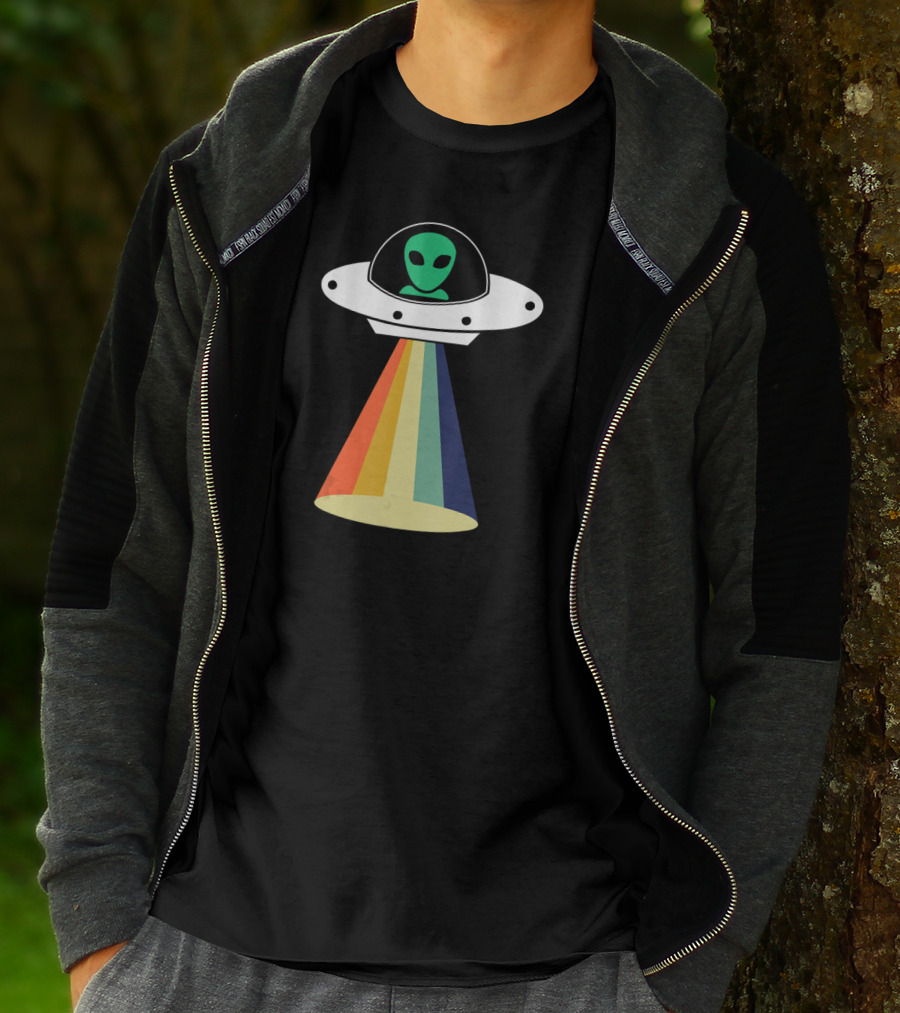 Rainbow Beam UFO Alien Christmas Outerspace Visitor T-Shirt