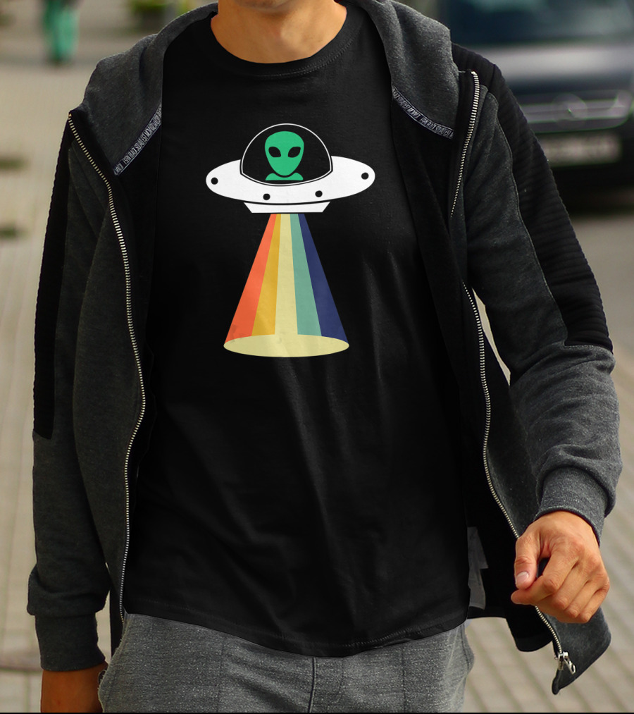 Rainbow Beam UFO Alien Christmas Outerspace Visitor T-Shirt