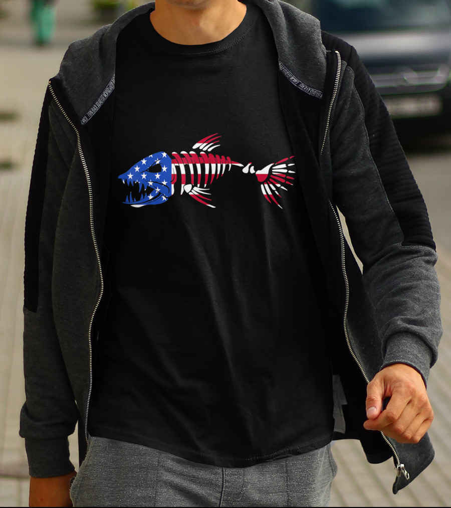Patriotic Fish Skeleton With American Flag Colors T-Shirt