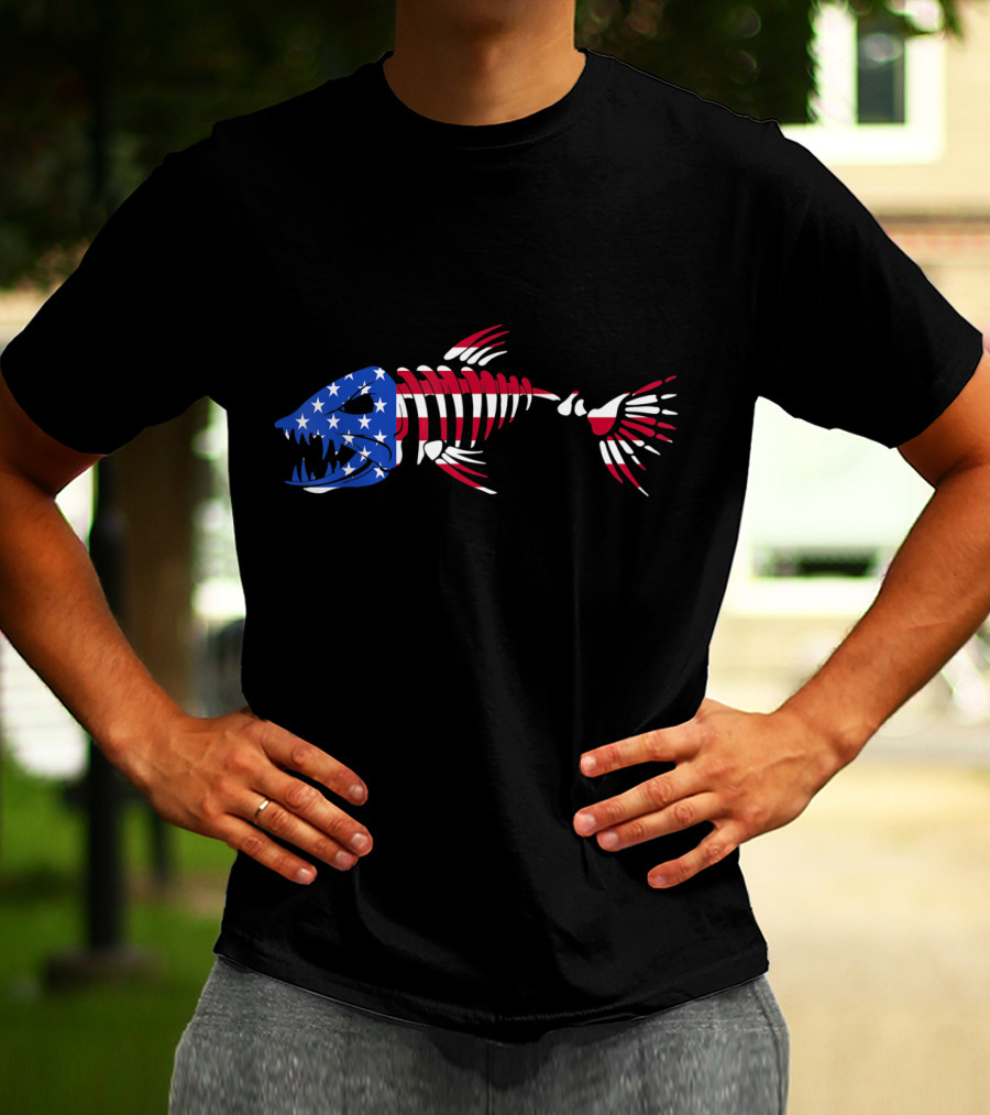Patriotic Fish Skeleton With American Flag Colors T-Shirt