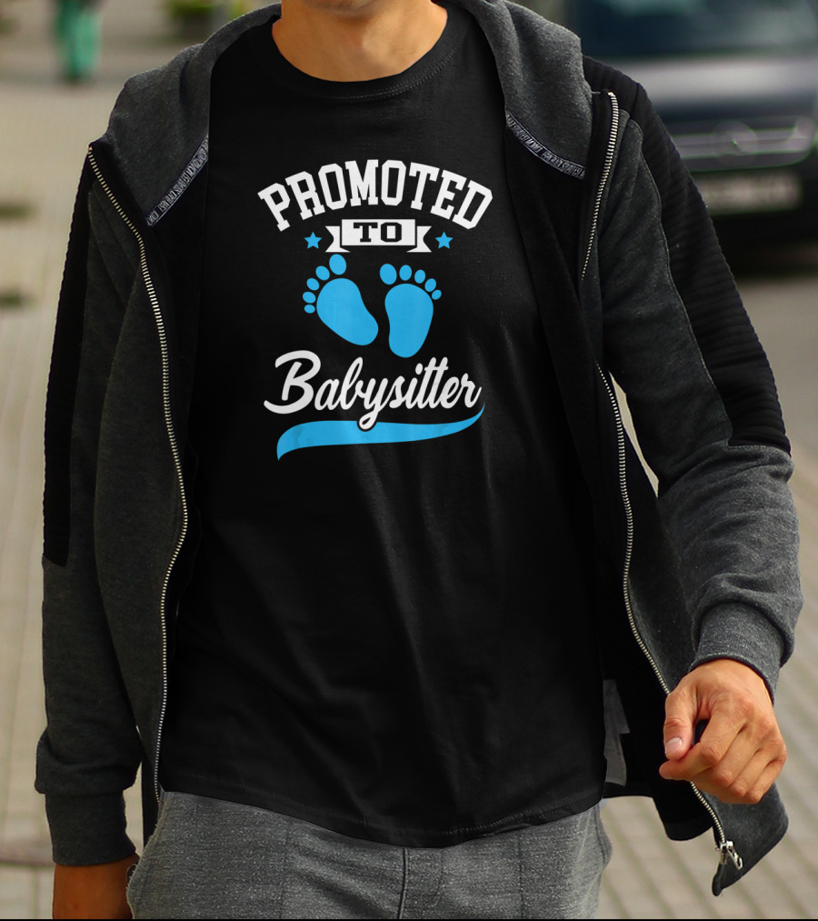 Promoted To Babysitter Blue Baby Footprints T-Shirt
