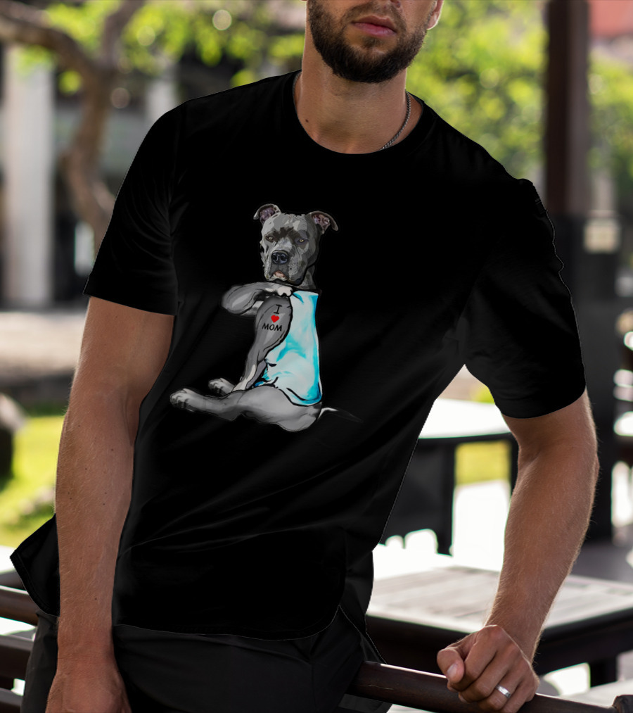 Pitbull Dog I Love Mom Tattoo T-Shirt
