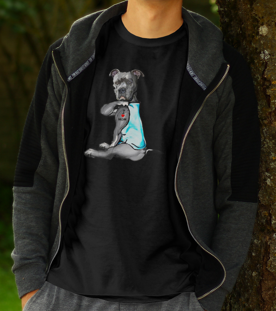 Pitbull Dog I Love Mom Tattoo T-Shirt