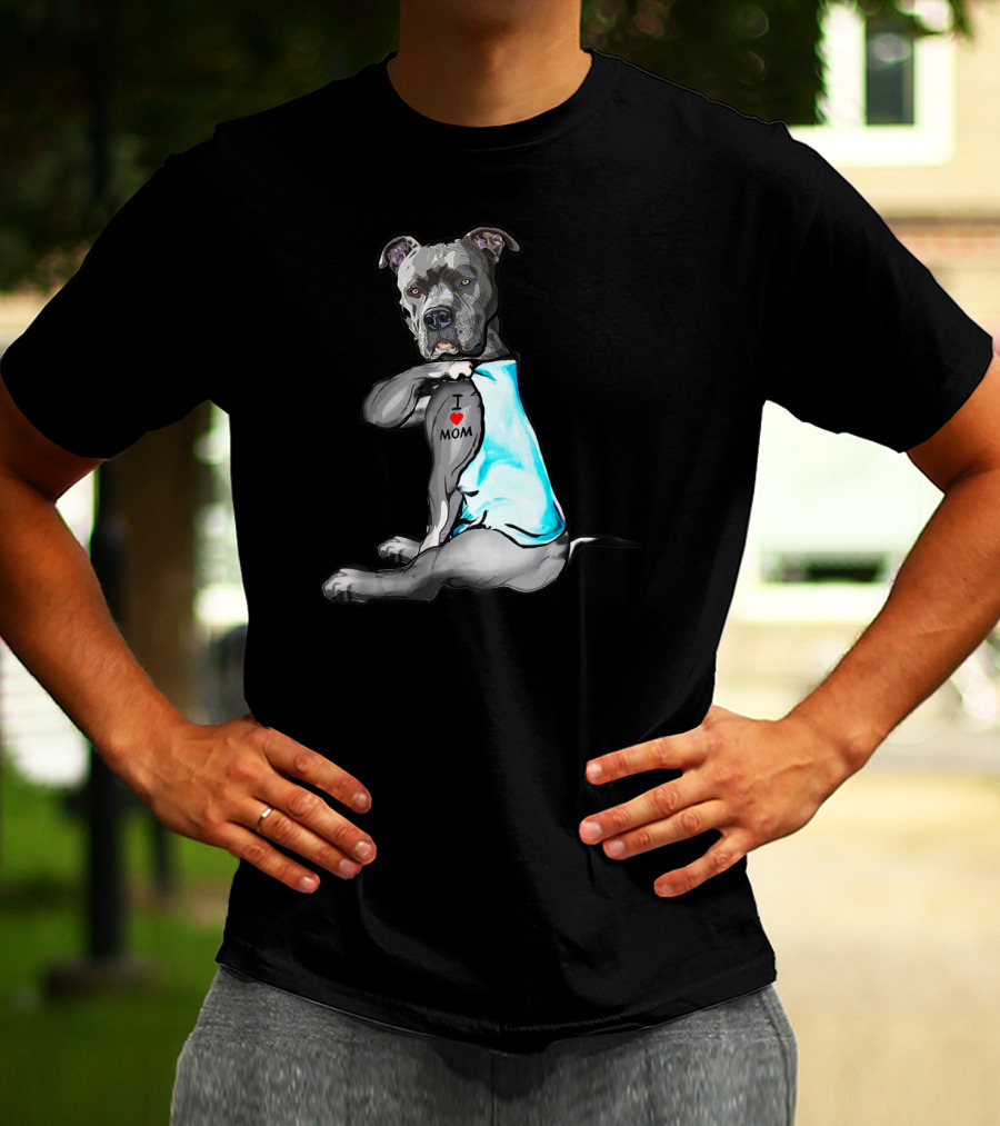 Pitbull Dog I Love Mom Tattoo T-Shirt