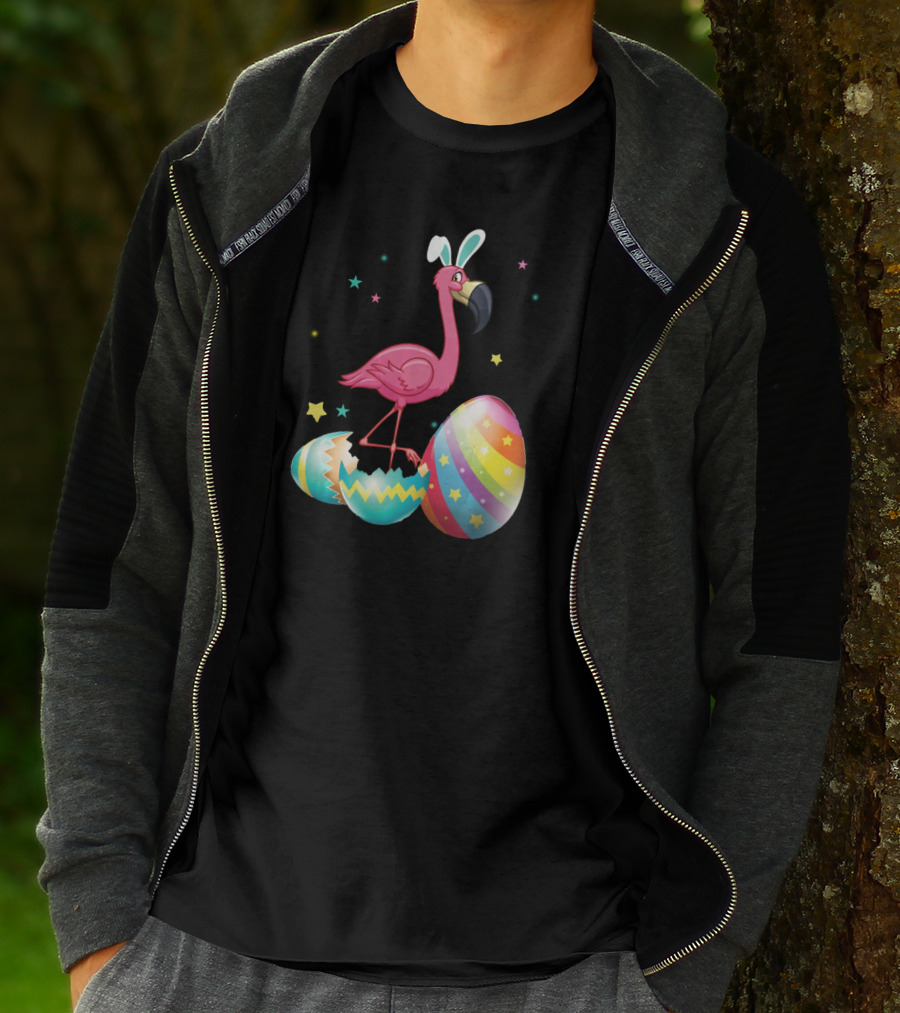 Flamingo Bunny Ears With Colorful Easter Eggs And Stars T-Shirt