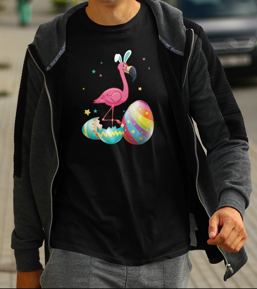 Flamingo Bunny Ears With Colorful Easter Eggs And Stars T-Shirt