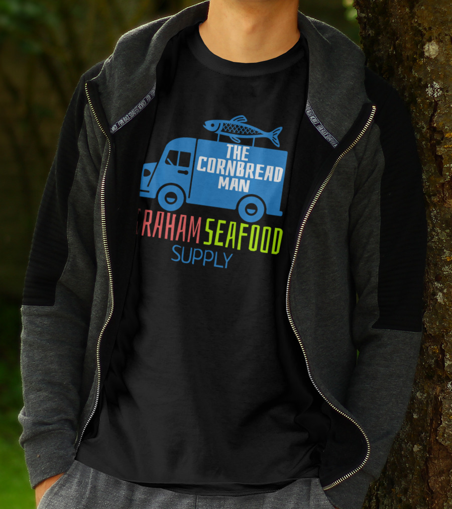 Graham Seafood Supply The Cornbread Man Food Truck With Fish On Top T-Shirt