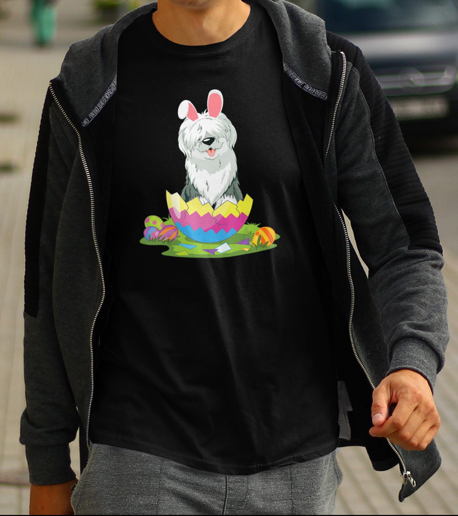 Old English Sheepdog Bunny Ears Easter Egg Scene T-Shirt