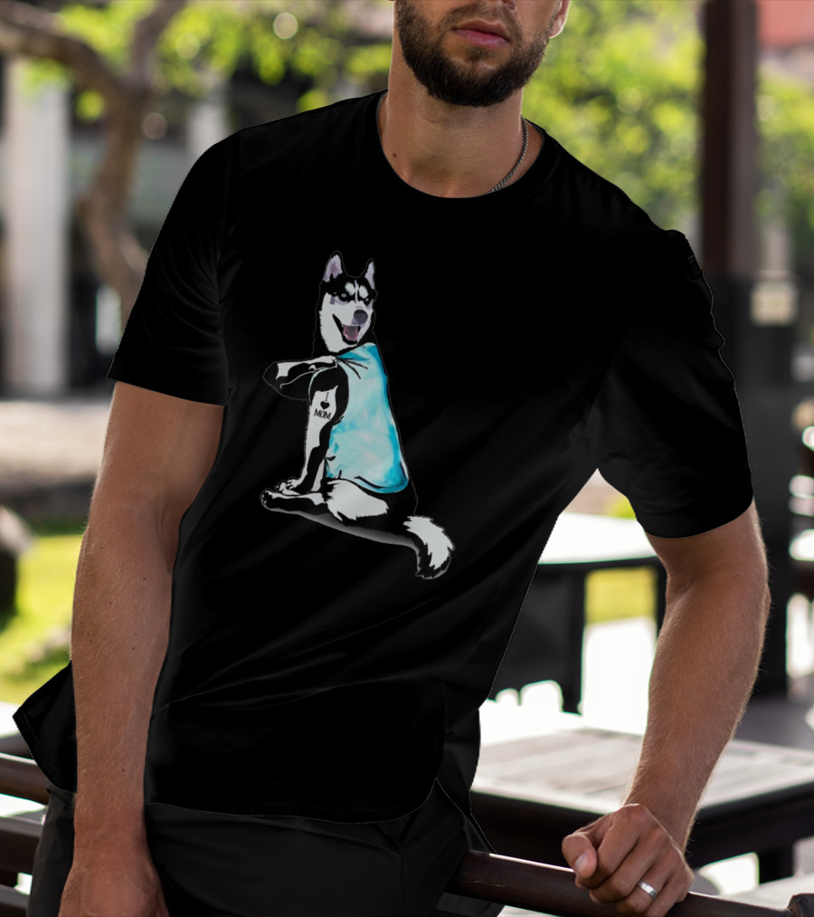 Siberian Husky I Love Mom Tattoo Blue T-Shirt