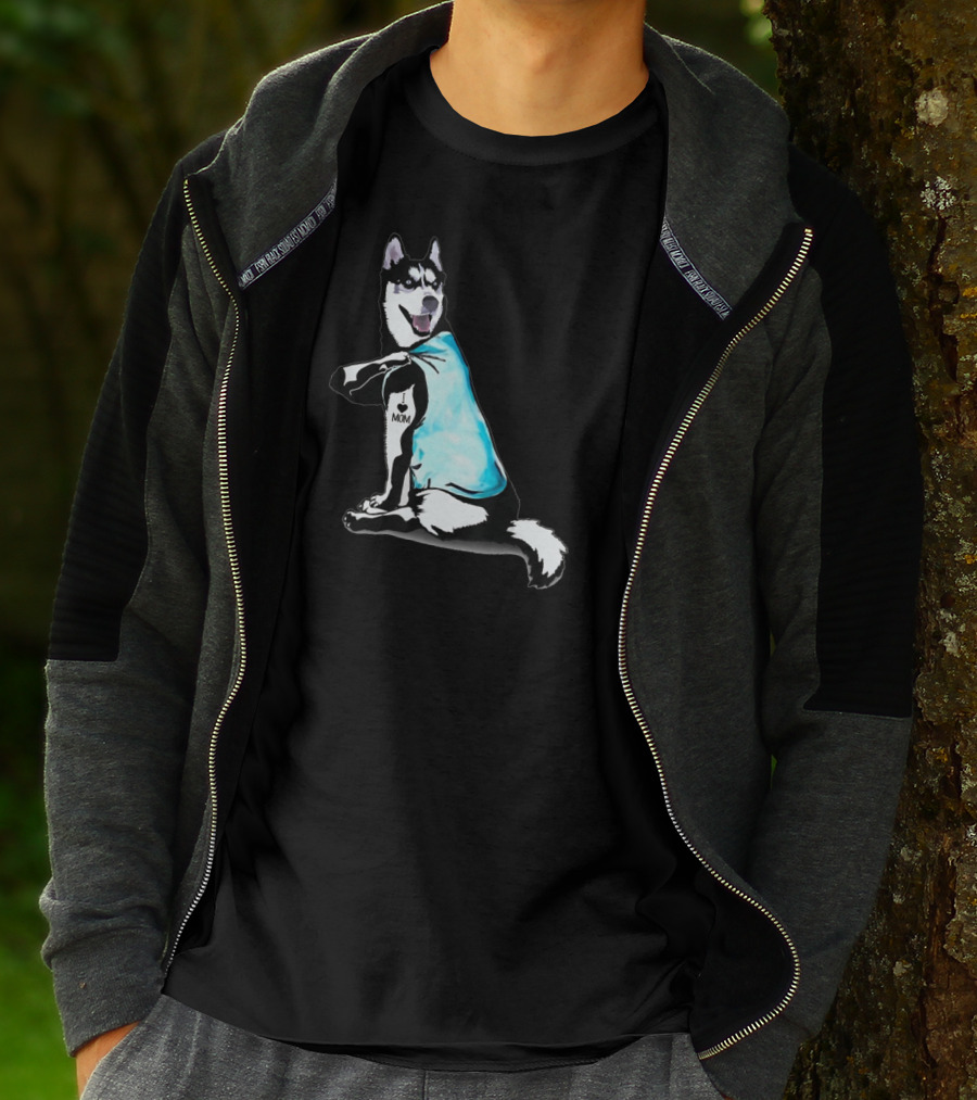 Siberian Husky I Love Mom Tattoo Blue T-Shirt