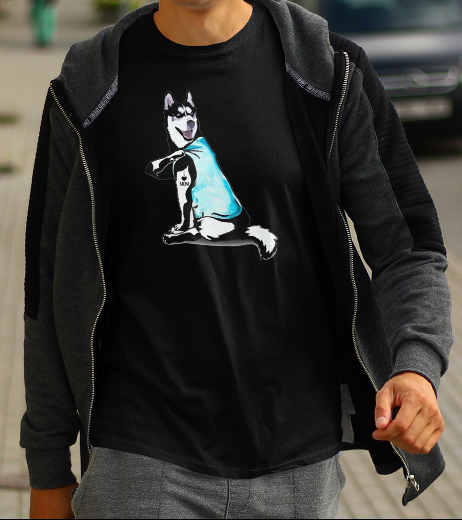 Siberian Husky I Love Mom Tattoo Blue T-Shirt