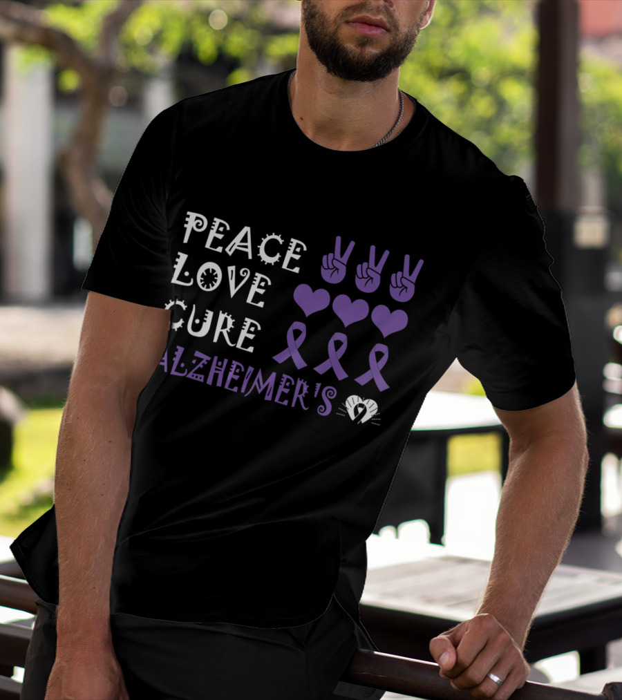 Peace Love Cure Alzheimer's Purple Ribbons Hearts And Peace Signs T-Shirt