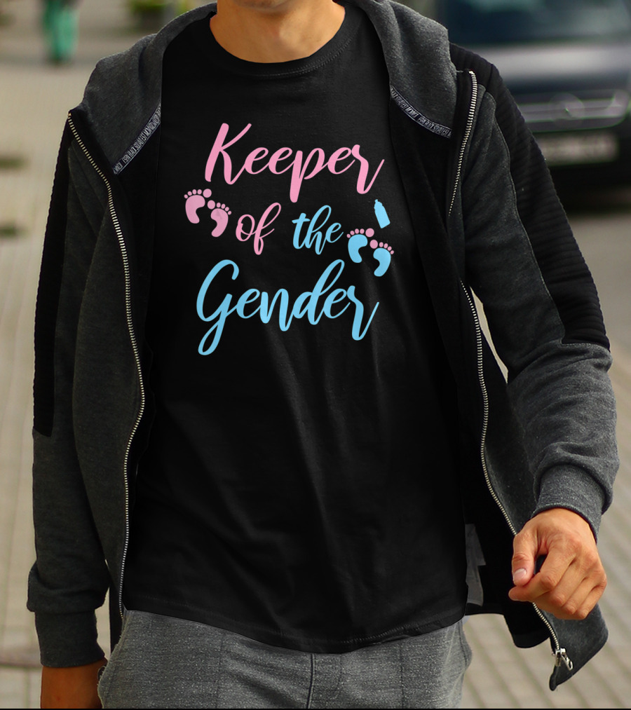 Keeper Of The Gender Party Supplies Pink And Blue Footprints And Baby Bottle T-Shirt