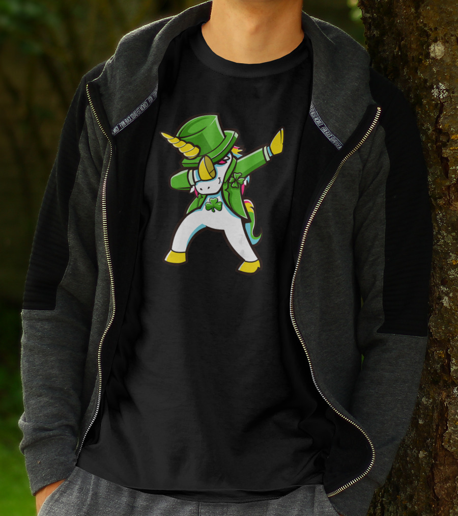 St Patricks Unicorn Dabbing Shamrock Hat Green Jacket T-Shirt