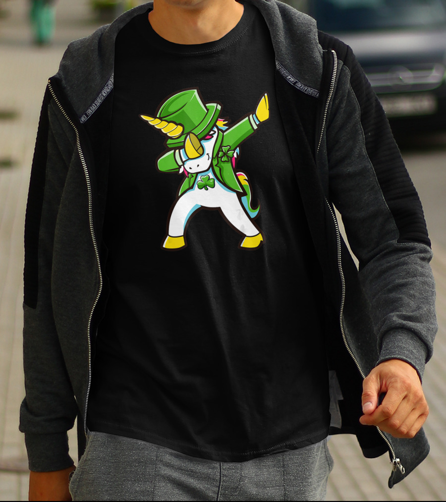 St Patricks Unicorn Dabbing Shamrock Hat Green Jacket T-Shirt