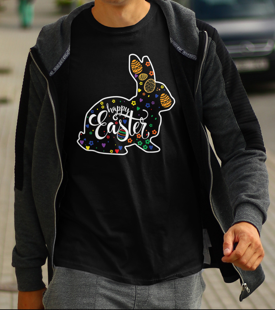 Happy Easter Colorful Bunny With Eggs And Flowers T-Shirt